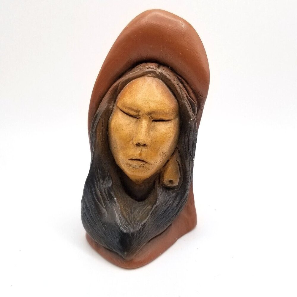 Vintage Native American Statue Figurine Signed Woman Earring Brown Eyes Closed